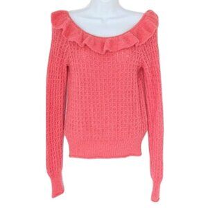 Anthropologie textured ruffle boat neckline off shoulder coral sweater Small